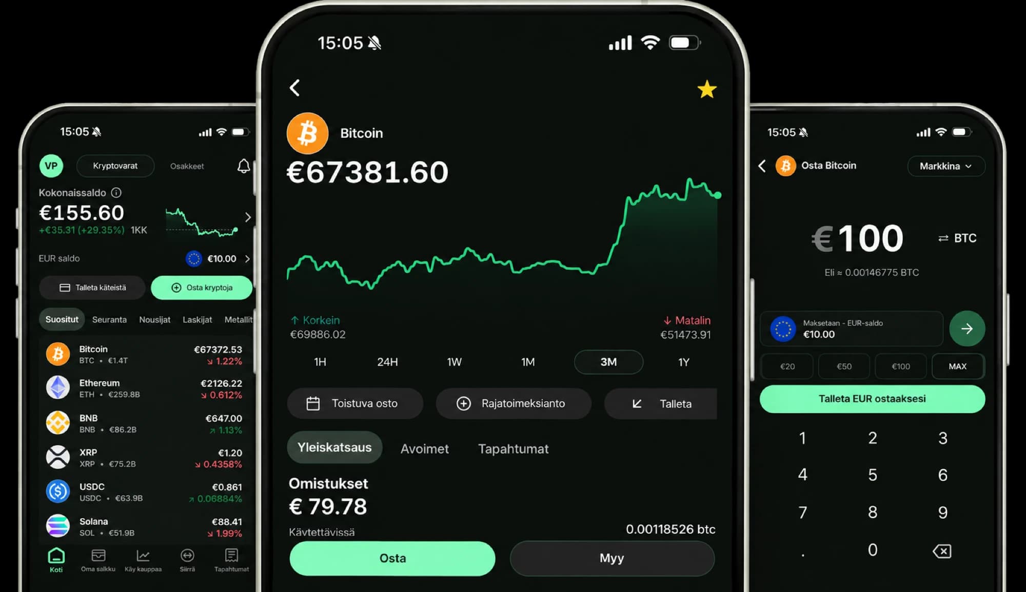 Kvarn X -sovellus: kryptosalkku, Bitcoinin kurssi ja Bitcoinin osto euroilla